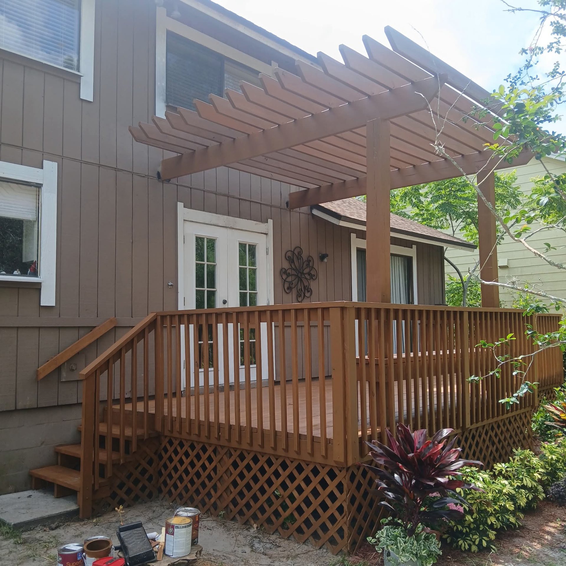 Custom cedar deck with pergola and railing system